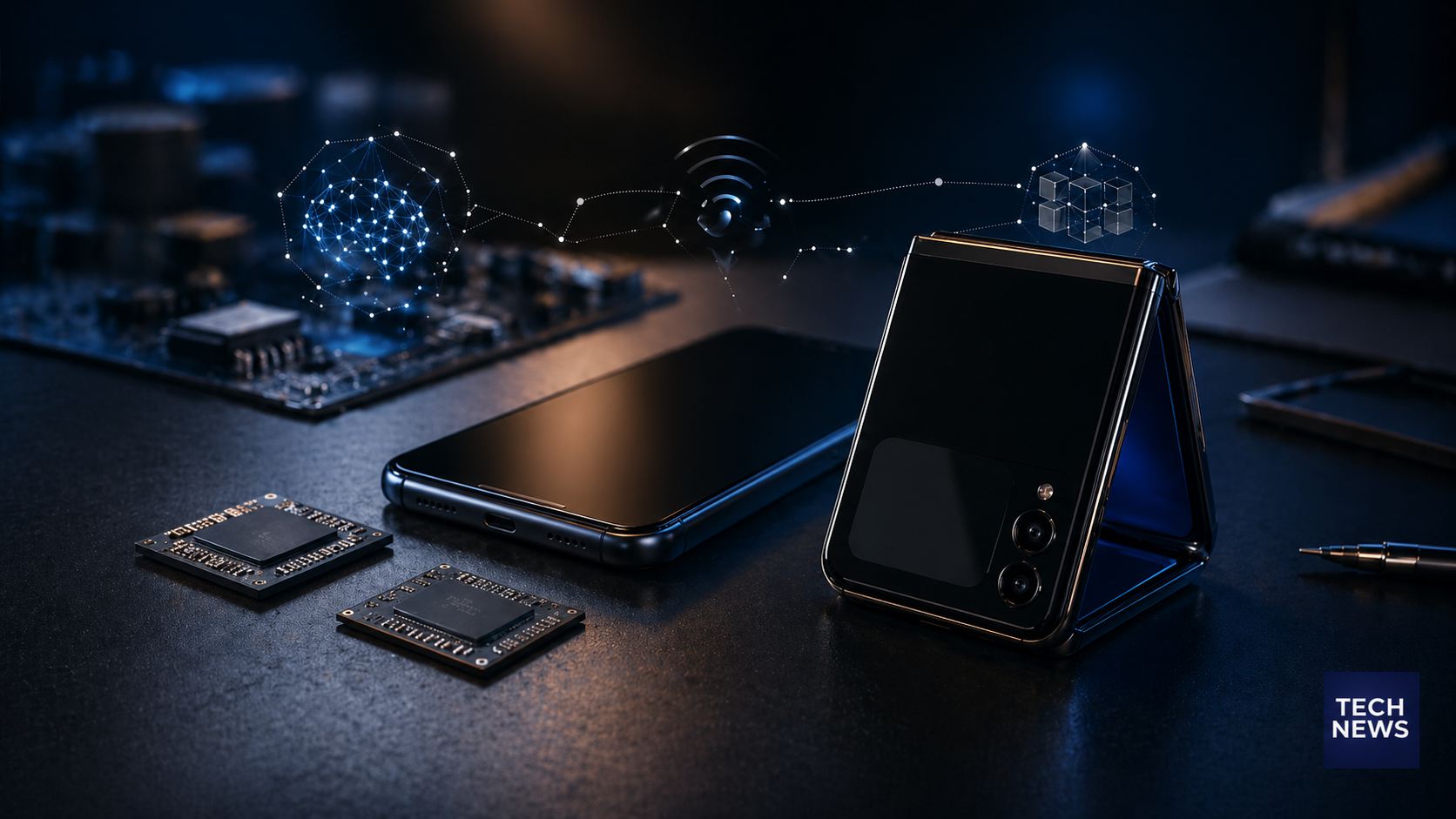 Graphic representation of MediaTek Dimensity 7450 and 7450X chipsets with icons for AI, foldable phone displays, and 5G connectivity